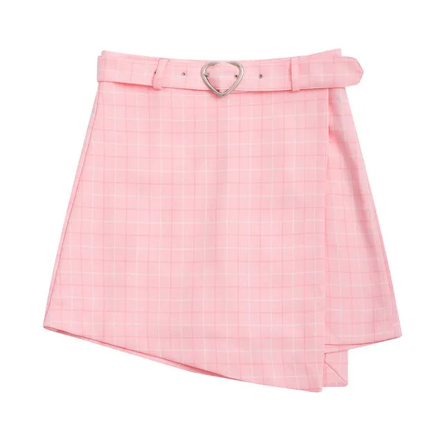 2019 Korean Fashion Women Summer A-line Skirts Female Plaid Slim Sashe Above Knee Mini Skirts Empire Chiffon Shorts Skirts