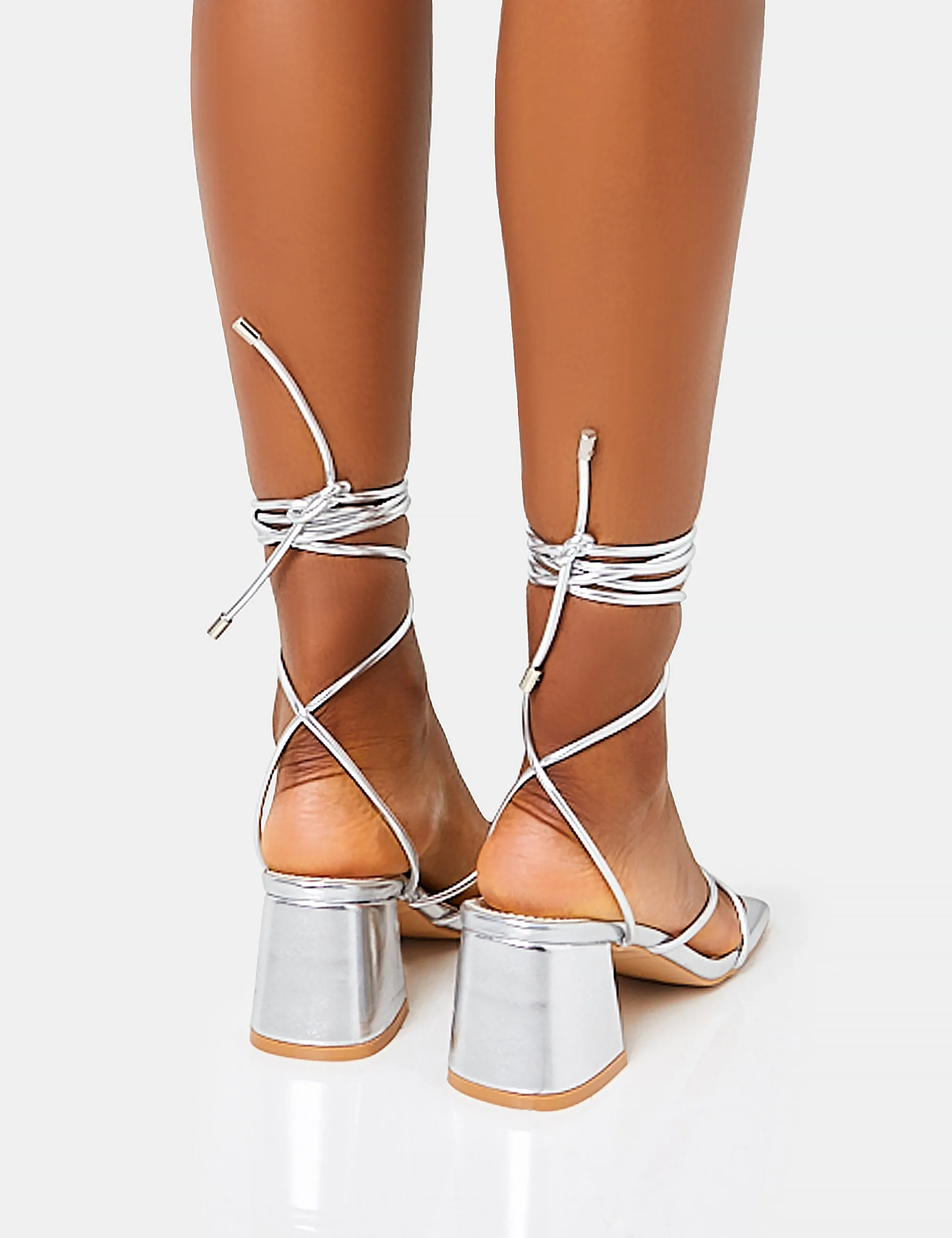 Aerin Wide Fit Silver Metallic Lace Up Strappy Block Mid Heels