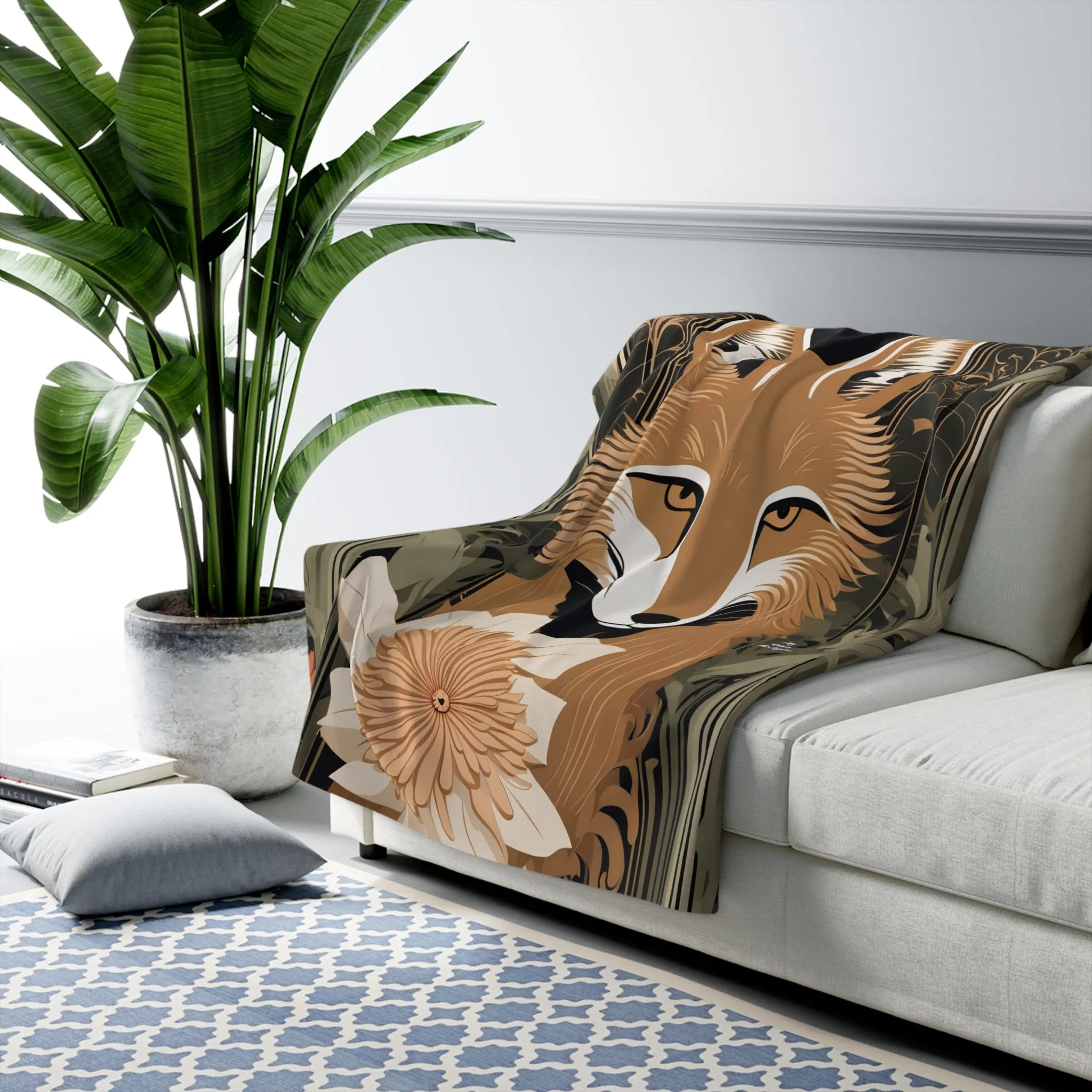 Art Deco Coyote w Flower, Sherpa Fleece Blanket for Cozy Warmth, 50"x60"