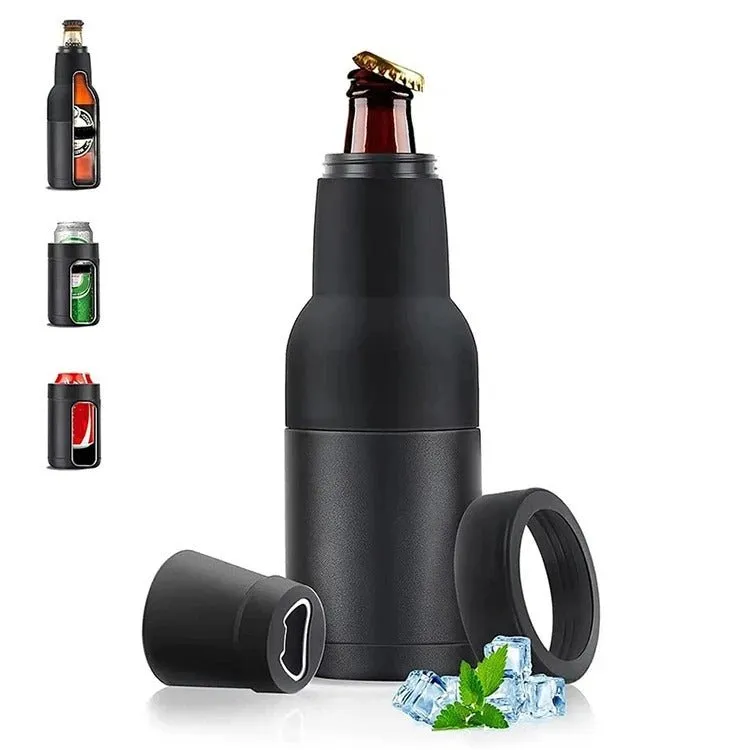 Beer Bottle And Can Cooler With Beer Opener - 3 in 1 Stainless Steel Insulated Bottle for Beer