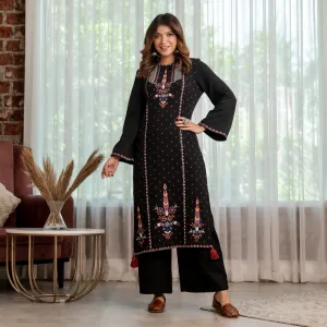 Black Acrylic High Slit Kurta with Tassel Detailing