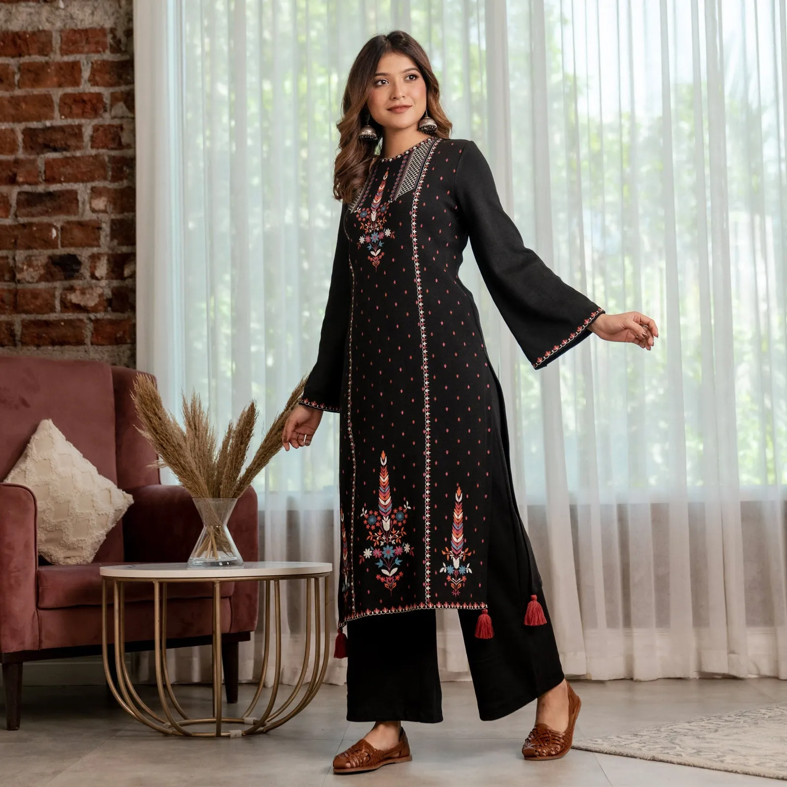 Black Acrylic High Slit Kurta with Tassel Detailing