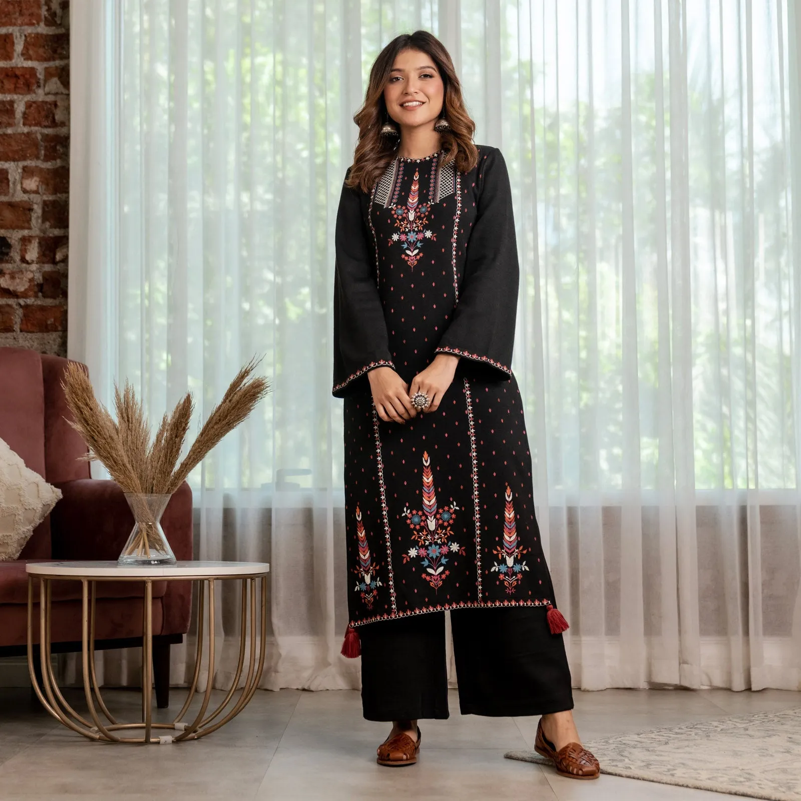 Black Acrylic High Slit Kurta with Tassel Detailing