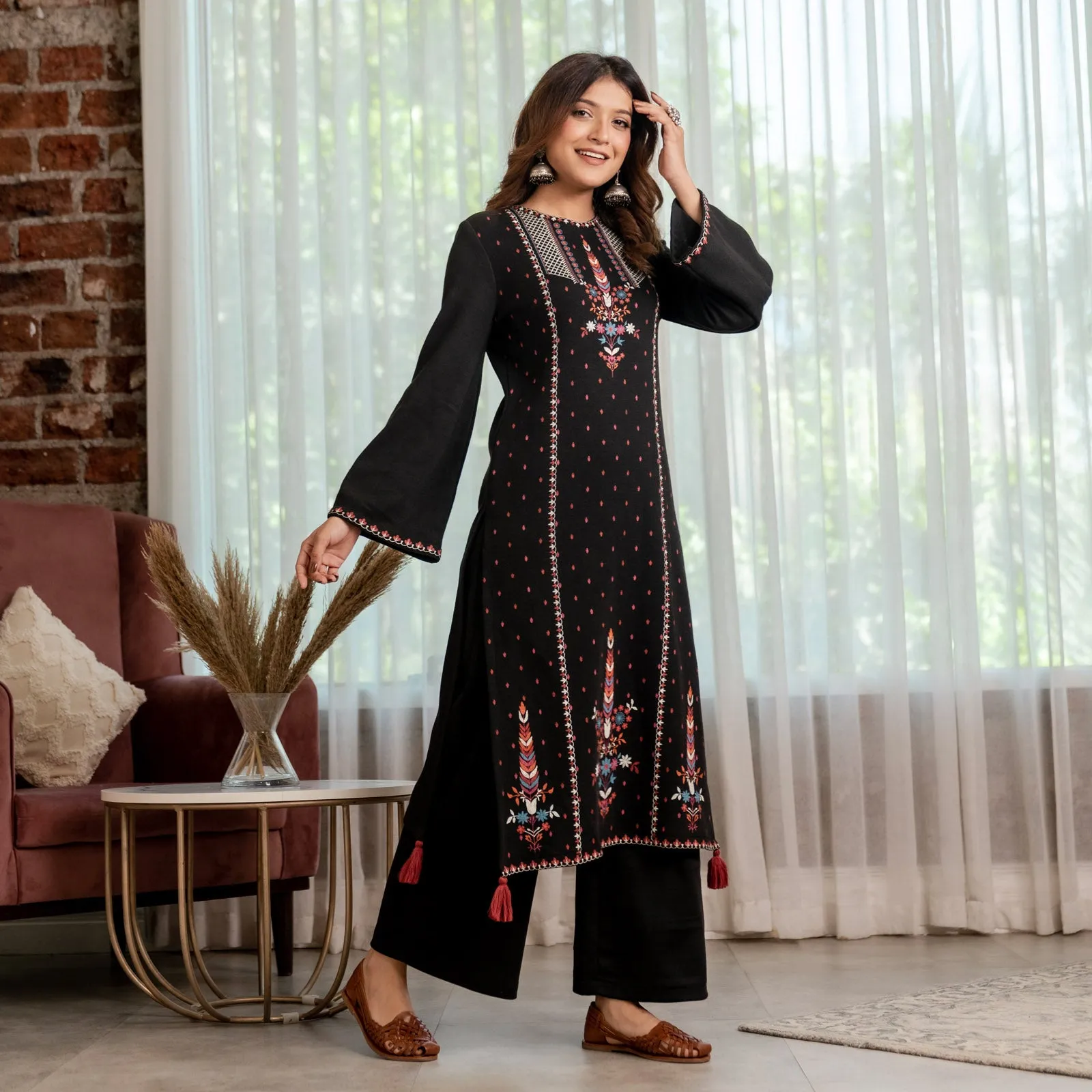 Black Acrylic High Slit Kurta with Tassel Detailing