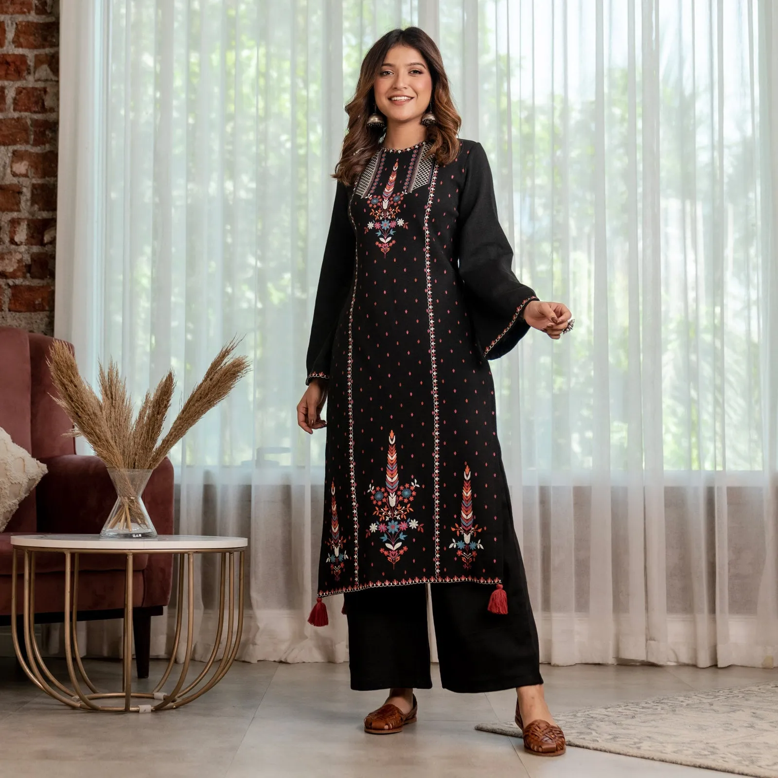 Black Acrylic High Slit Kurta with Tassel Detailing