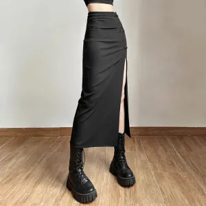 Black Long Mid-length Slits Slim Solid A-line Waist High Sexy Streetwear Women Hip-covering Skirt