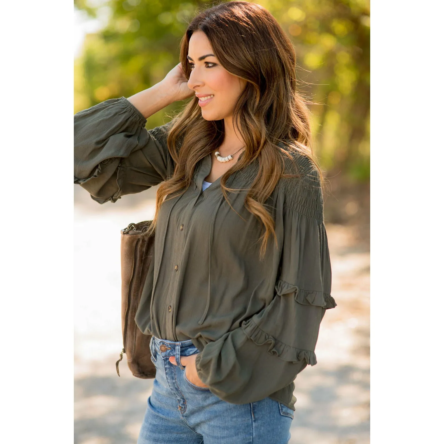 Cinched Top Ruffle Button Up