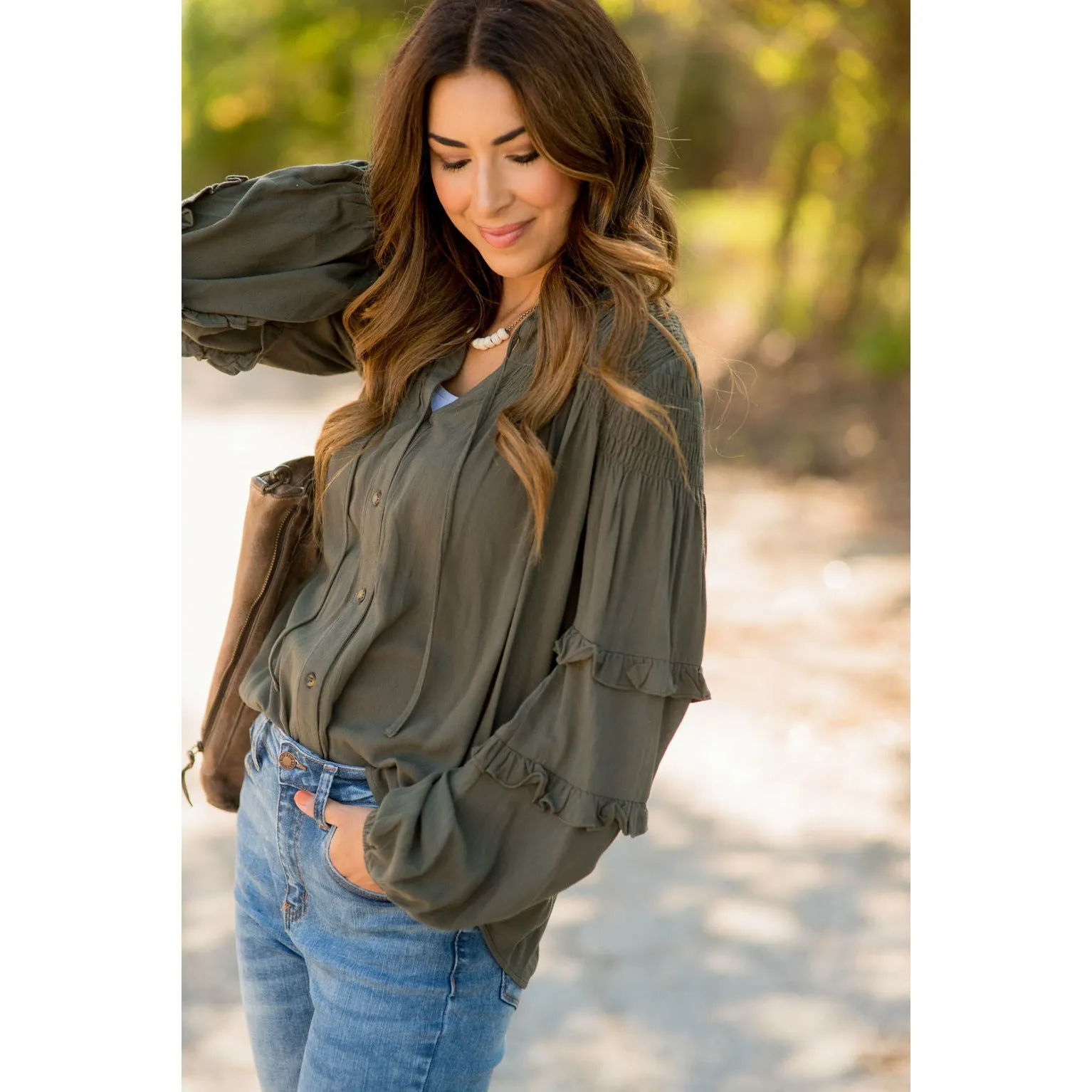 Cinched Top Ruffle Button Up