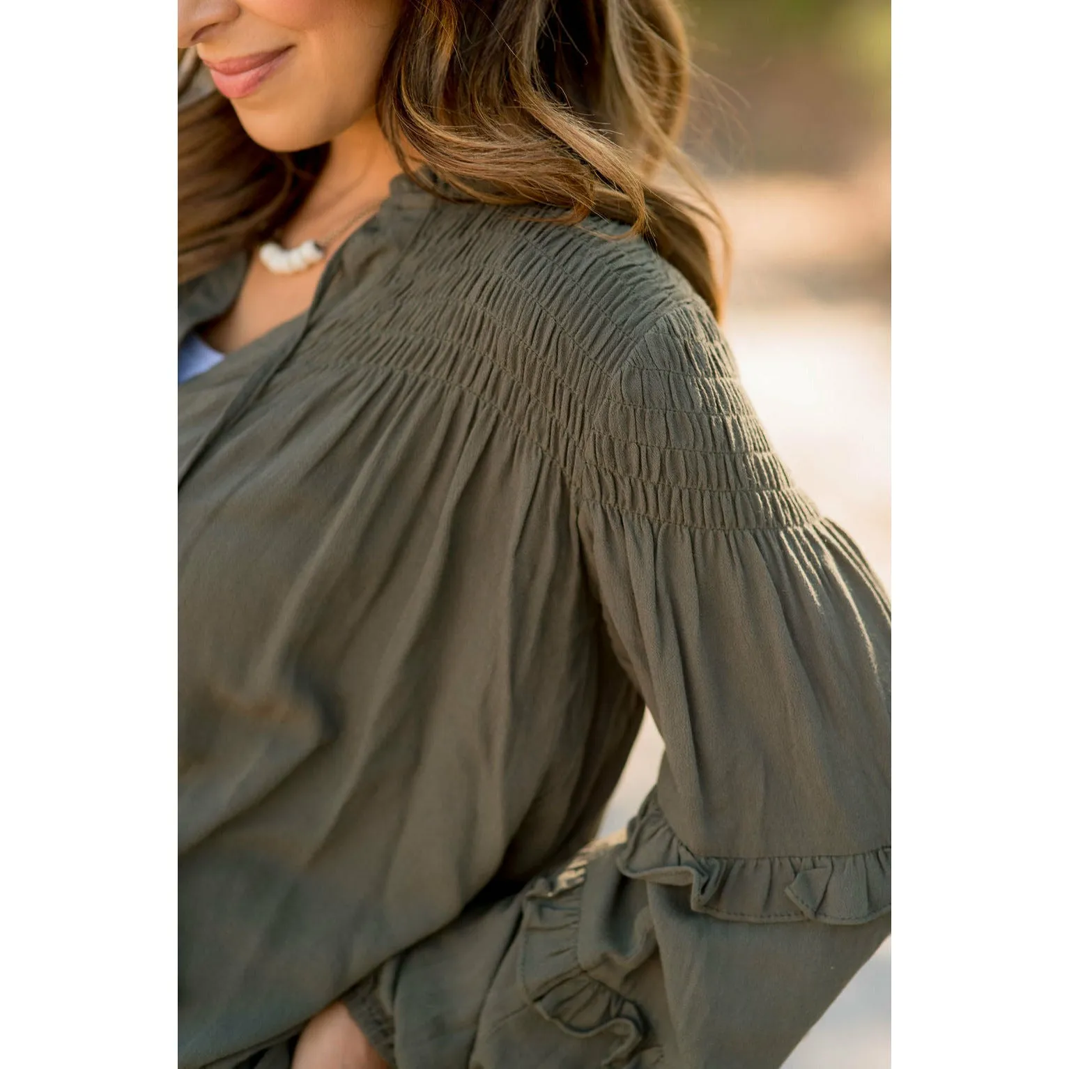 Cinched Top Ruffle Button Up