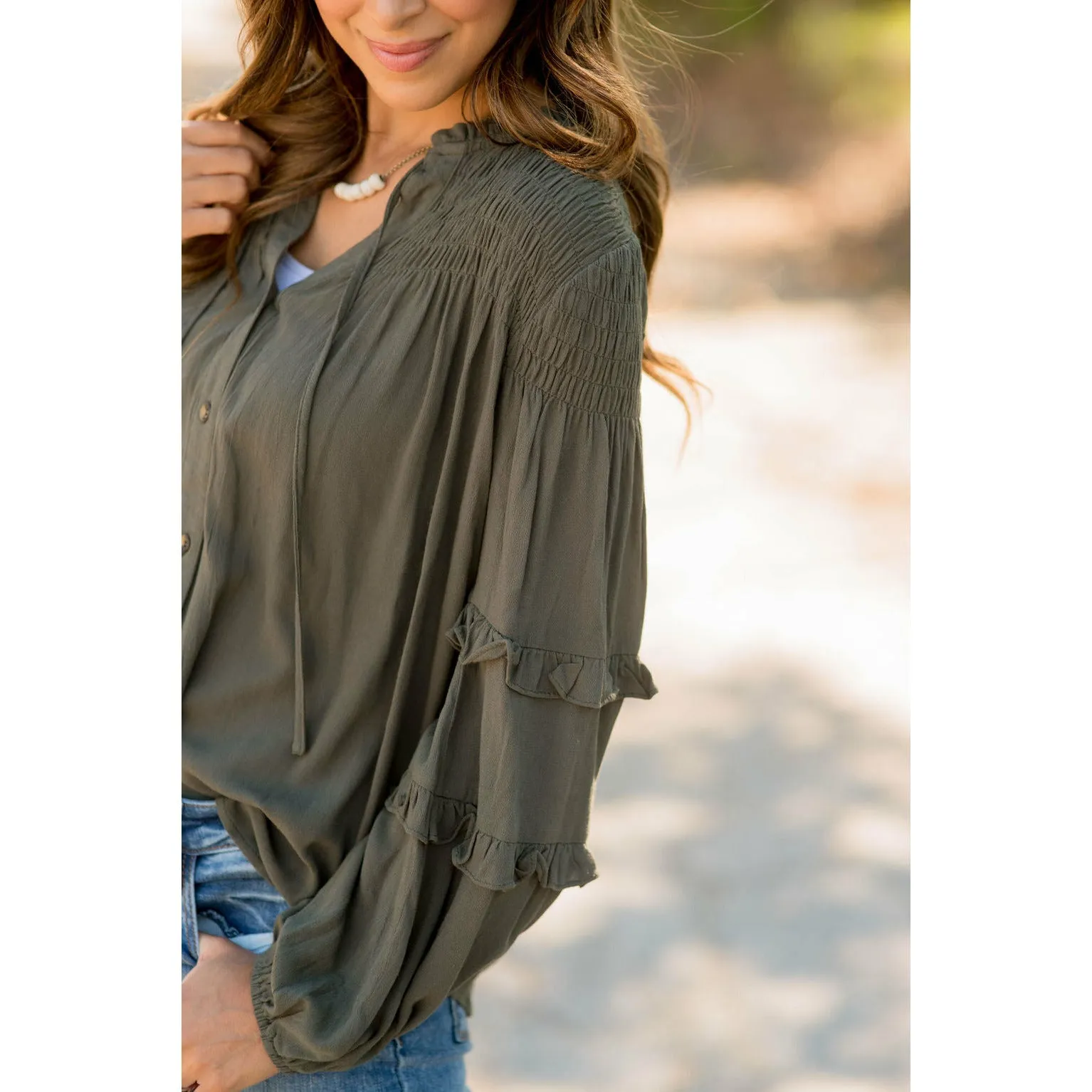 Cinched Top Ruffle Button Up