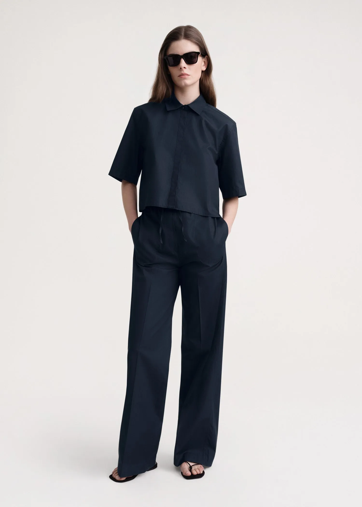 Cropped cotton-poplin shirt dark navy