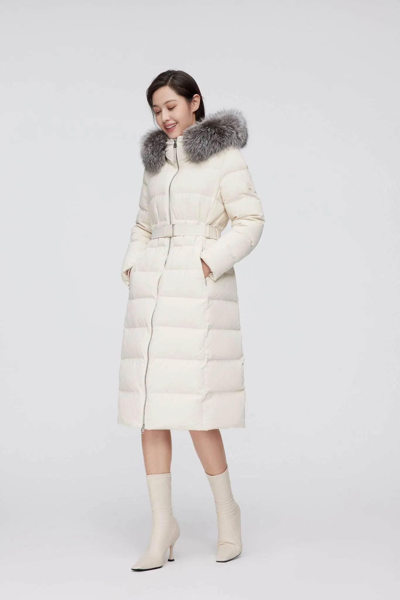 Full Length Hooded Goose Down Jacket With Fur