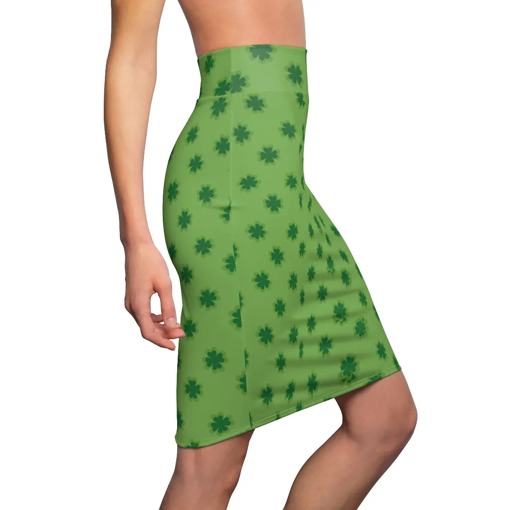 Light Green Clover Pencil Skirt, Best Irish Lucky Clover Leaf Print St. Patrick's Day Women's Pencil Skirt- Made in USA