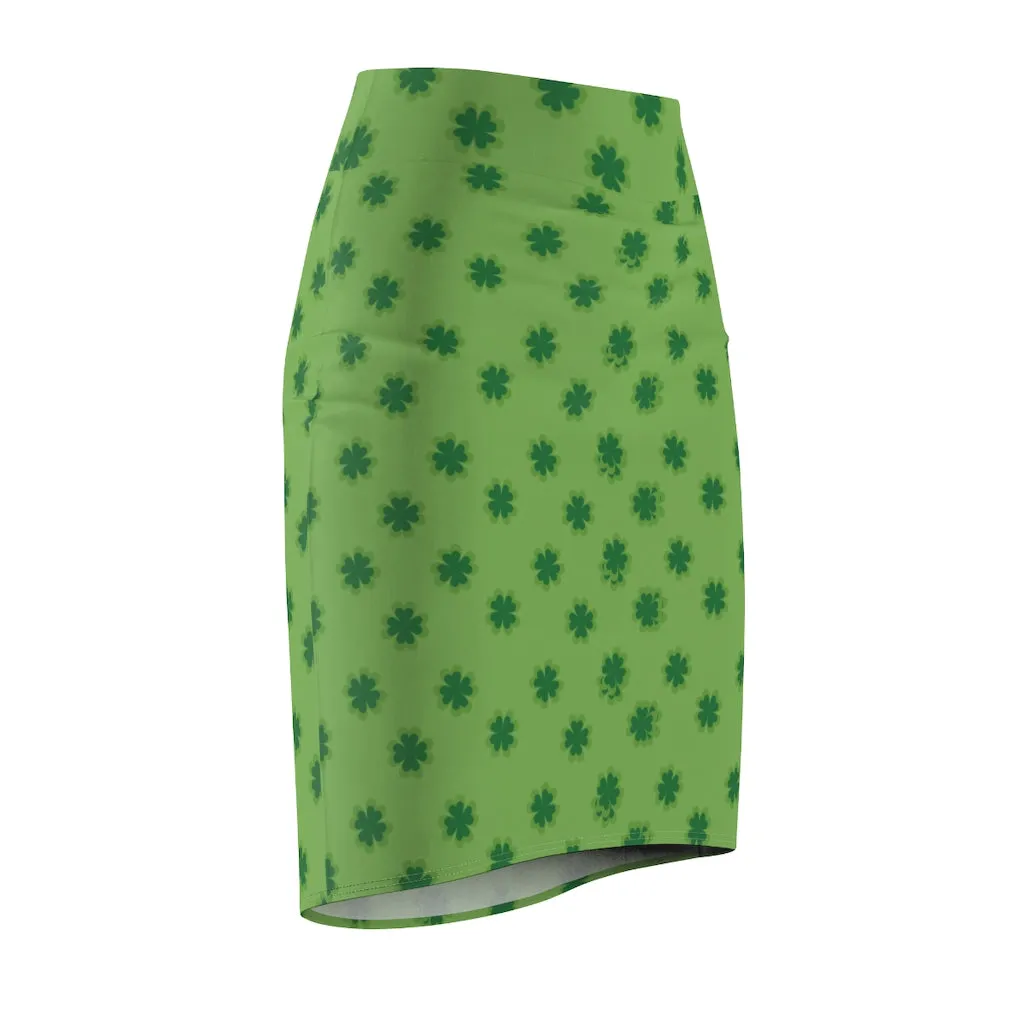 Light Green Clover Pencil Skirt, Best Irish Lucky Clover Leaf Print St. Patrick's Day Women's Pencil Skirt- Made in USA