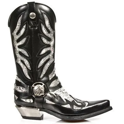 NEWROCK Mens New Rock 7991 West Cowboy Boots Black White Snake Skin Steel Heels