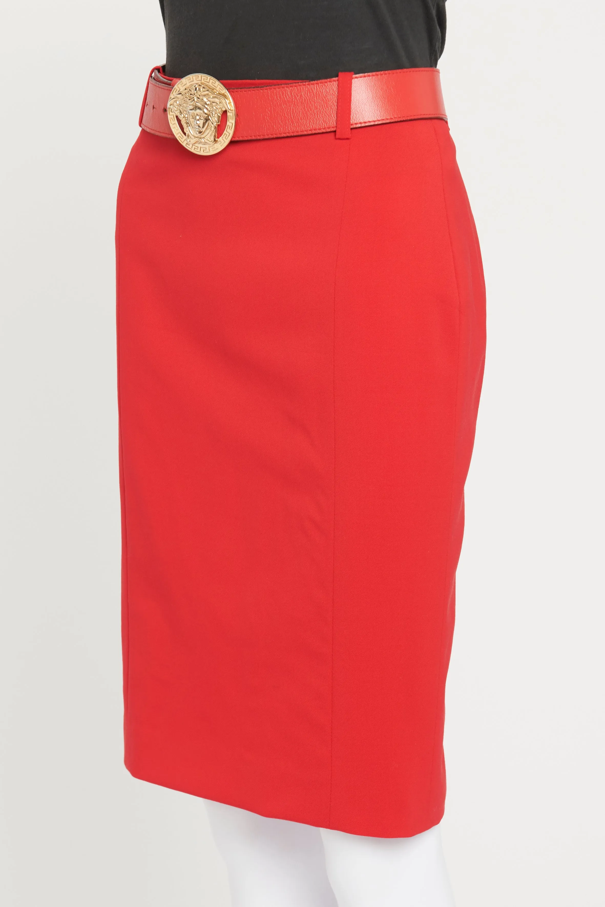 Red Knee-Length Pencil Skirt With Belt