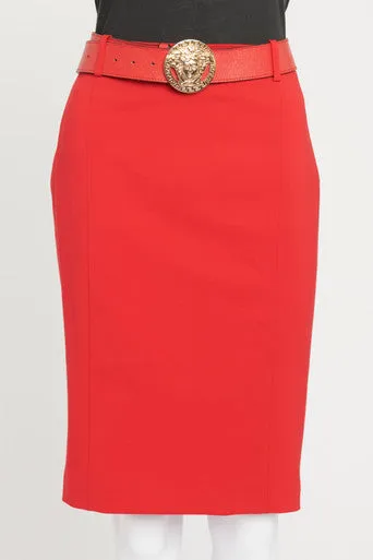 Red Knee-Length Pencil Skirt With Belt