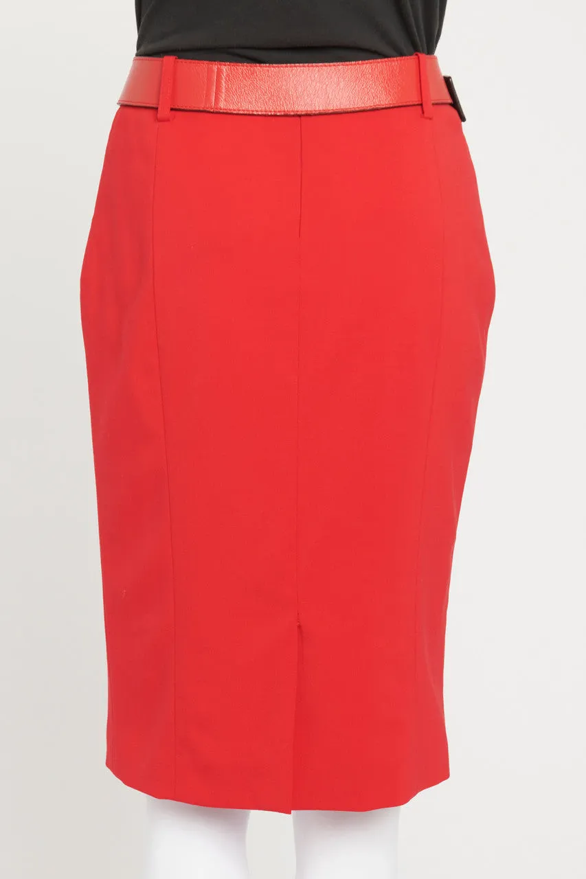 Red Knee-Length Pencil Skirt With Belt