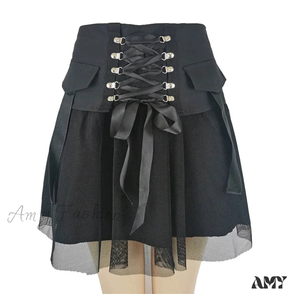 Streetwear Y2k Straps Female Vintage Waist High Summer Black Mesh Skirt Harajuku Style Sexy Dark Ladies A-Line