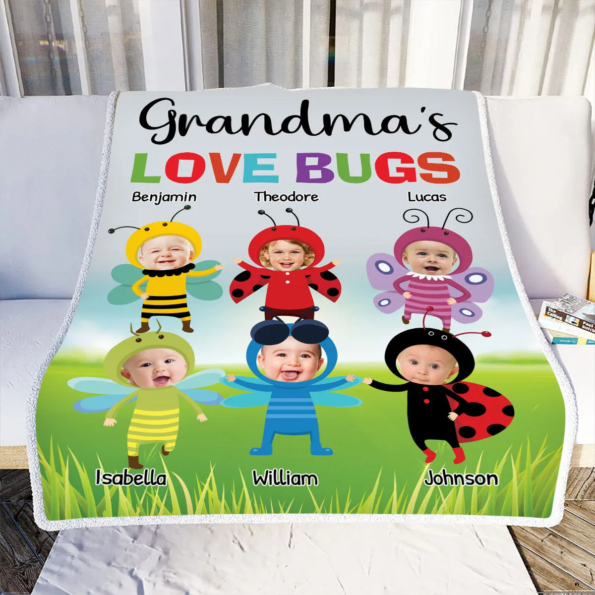 Teesdily | Grandma's Love Bugs Personalized Fleece Blanket With Kid's Faces Custom Grannie Sherpa Blanket Grandmom Mother's Day Funny Gift Ideas