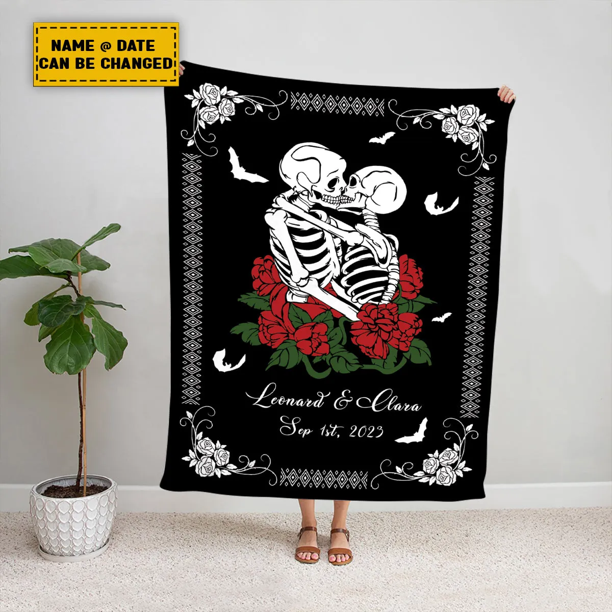 Teesdily | Personalized Skull Throw Blanket Custom Spooky Skeleton Rose Together Forever Fleece Blanket Gothic Skeleton Halloween Couples Funny Gifts