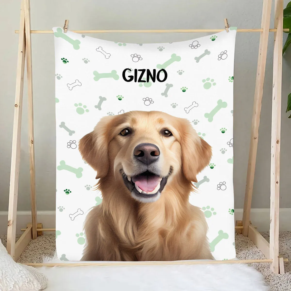 Teesdily | Pet Picture Blanket Personalized Photo Name Personalized Dog Portrait Blanket Cute Pet Paw Pattern Customize Blanket Sherpa Pet Owner Gifts