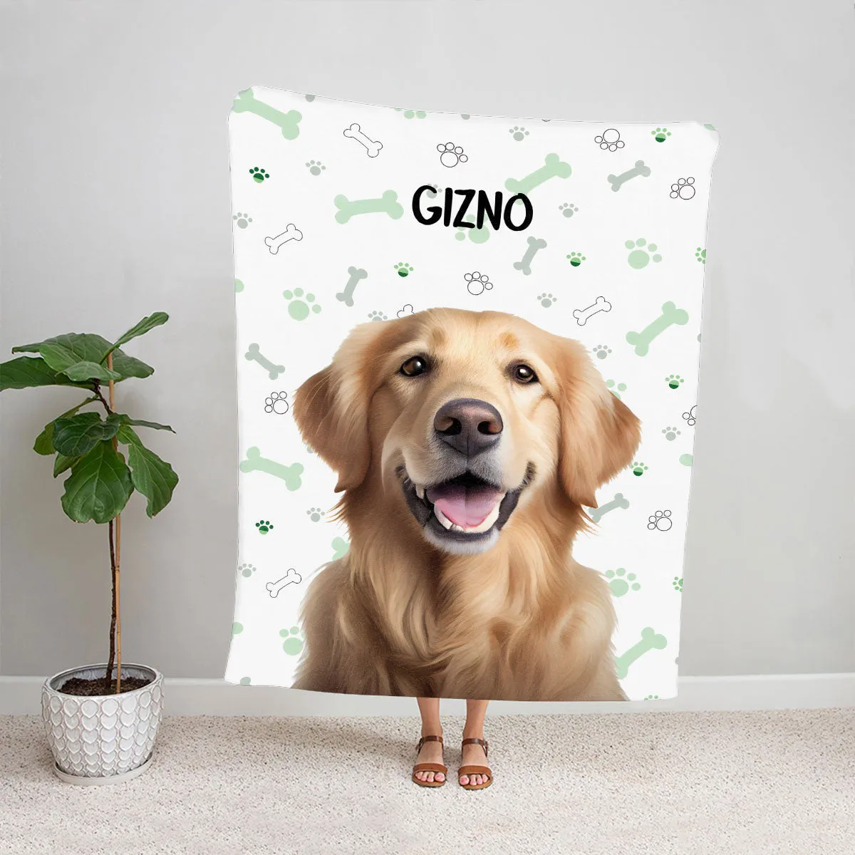 Teesdily | Pet Picture Blanket Personalized Photo Name Personalized Dog Portrait Blanket Cute Pet Paw Pattern Customize Blanket Sherpa Pet Owner Gifts