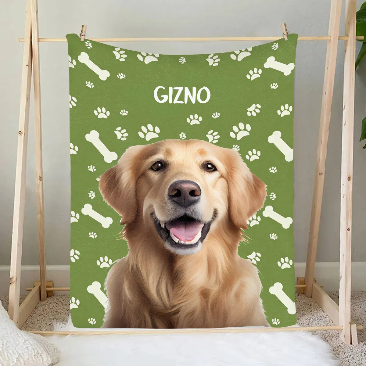 Teesdily | Pet Picture Blanket Personalized Photo Name Personalized Dog Portrait Blanket Cute Pet Paw Pattern Customize Blanket Sherpa Pet Owner Gifts