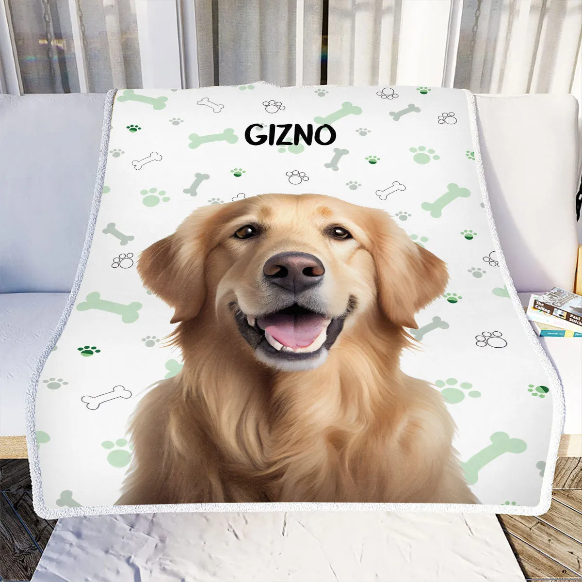 Teesdily | Pet Picture Blanket Personalized Photo Name Personalized Dog Portrait Blanket Cute Pet Paw Pattern Customize Blanket Sherpa Pet Owner Gifts