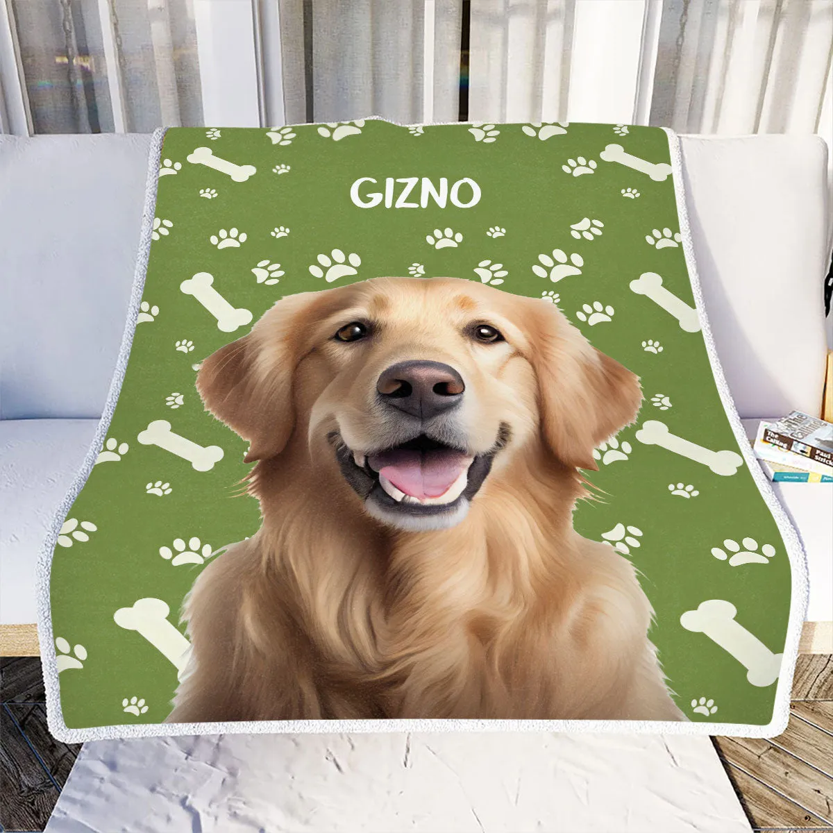 Teesdily | Pet Picture Blanket Personalized Photo Name Personalized Dog Portrait Blanket Cute Pet Paw Pattern Customize Blanket Sherpa Pet Owner Gifts