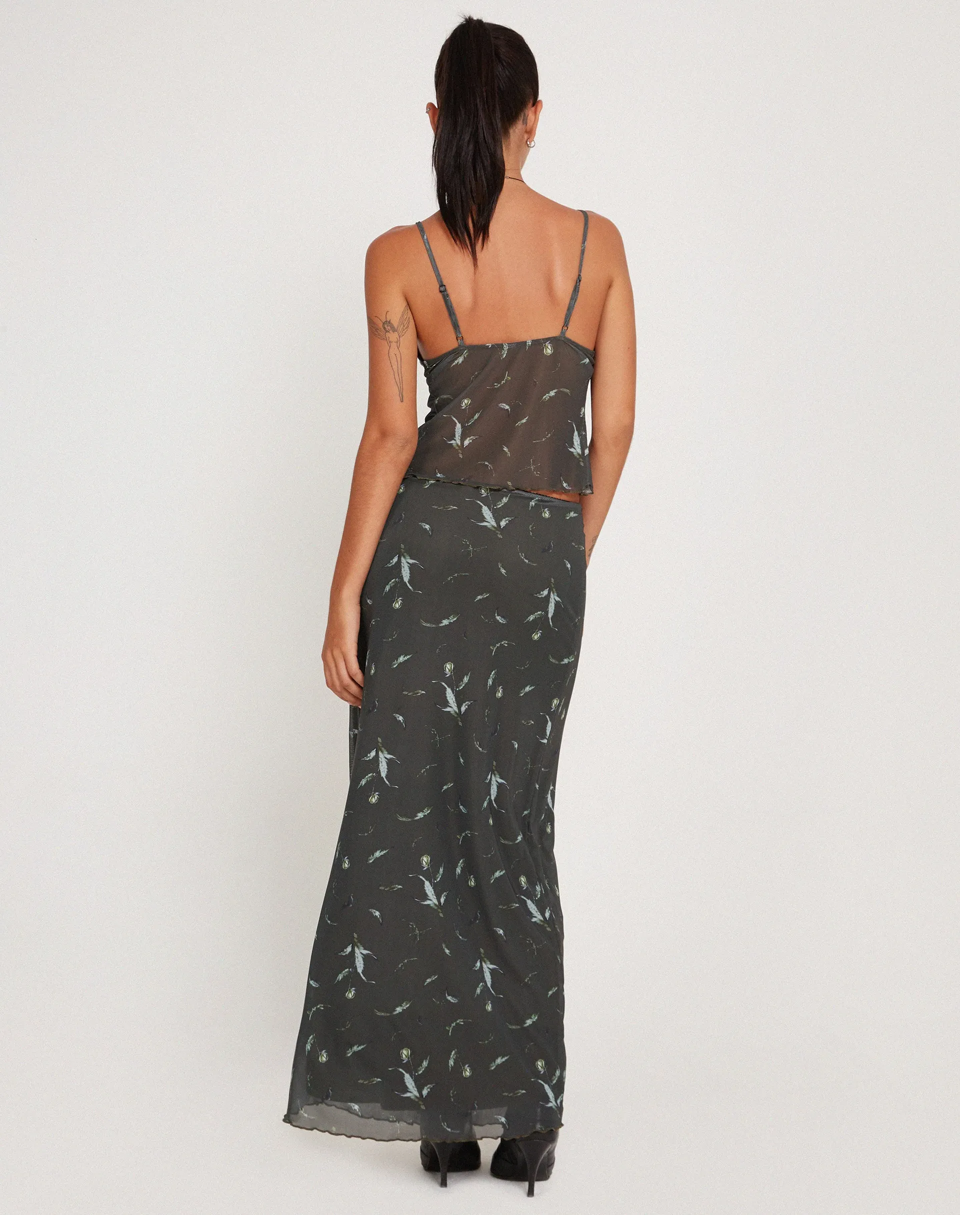 Trula Mesh Maxi Skirt in Floral Khaki Silhouette