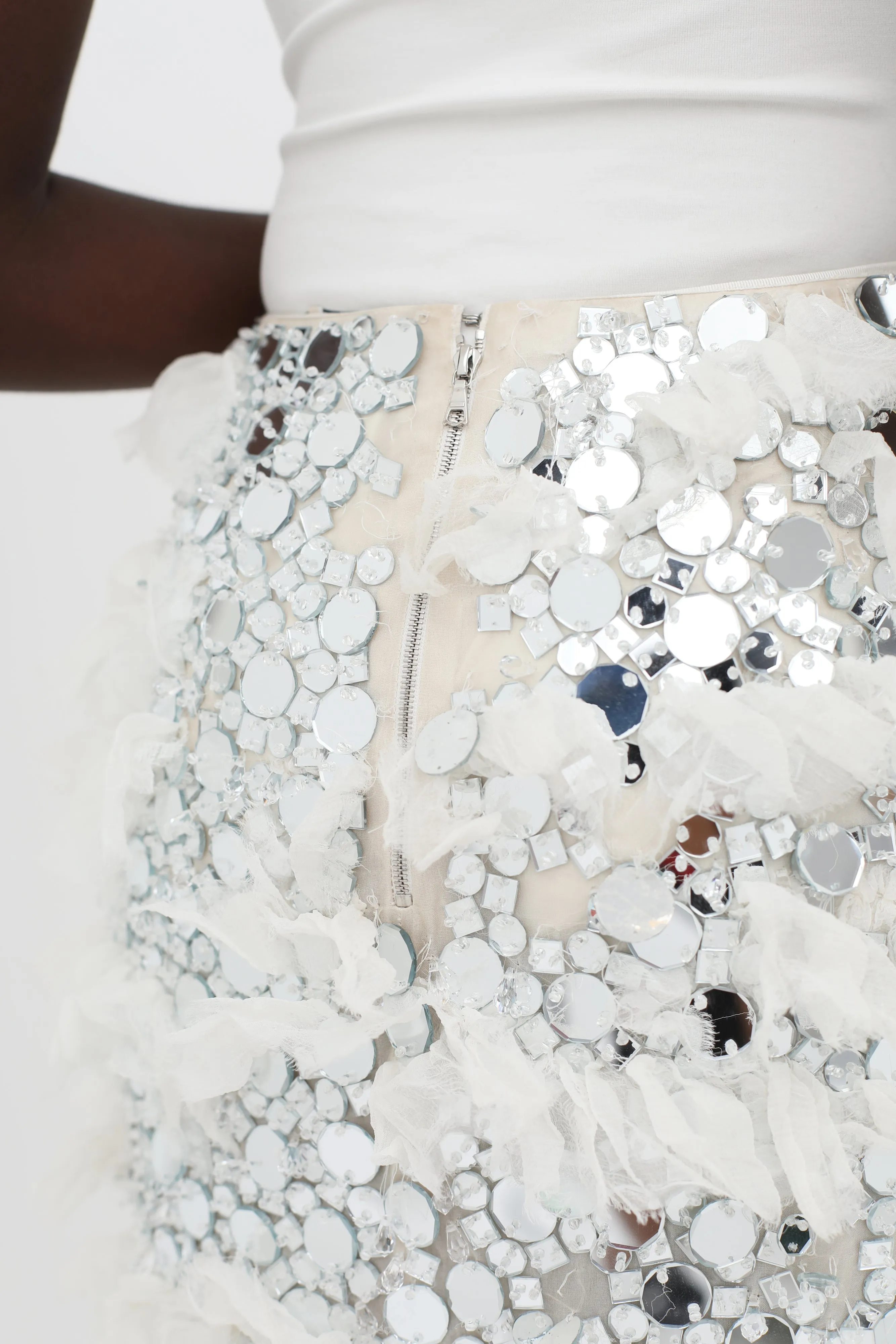 White & Silver-Tone SS14 Embellished Ruffle Skirt