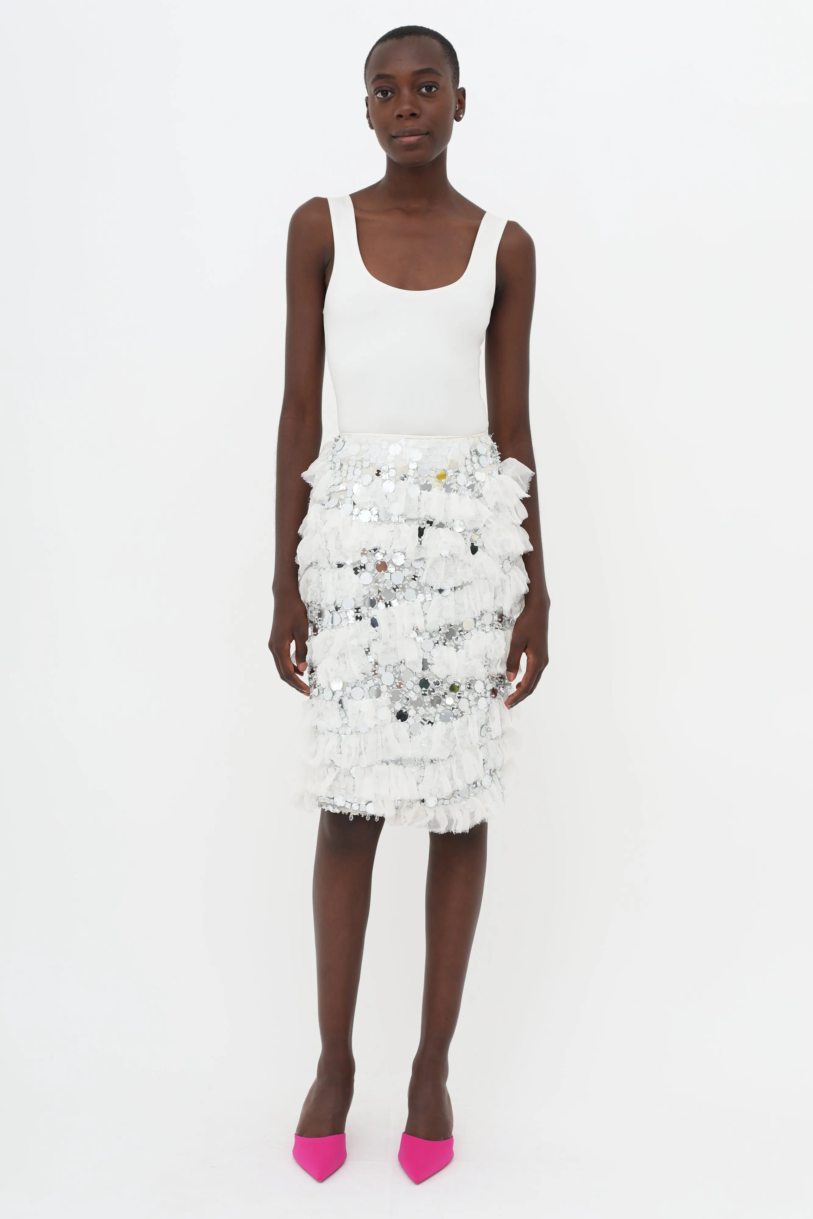 White & Silver-Tone SS14 Embellished Ruffle Skirt