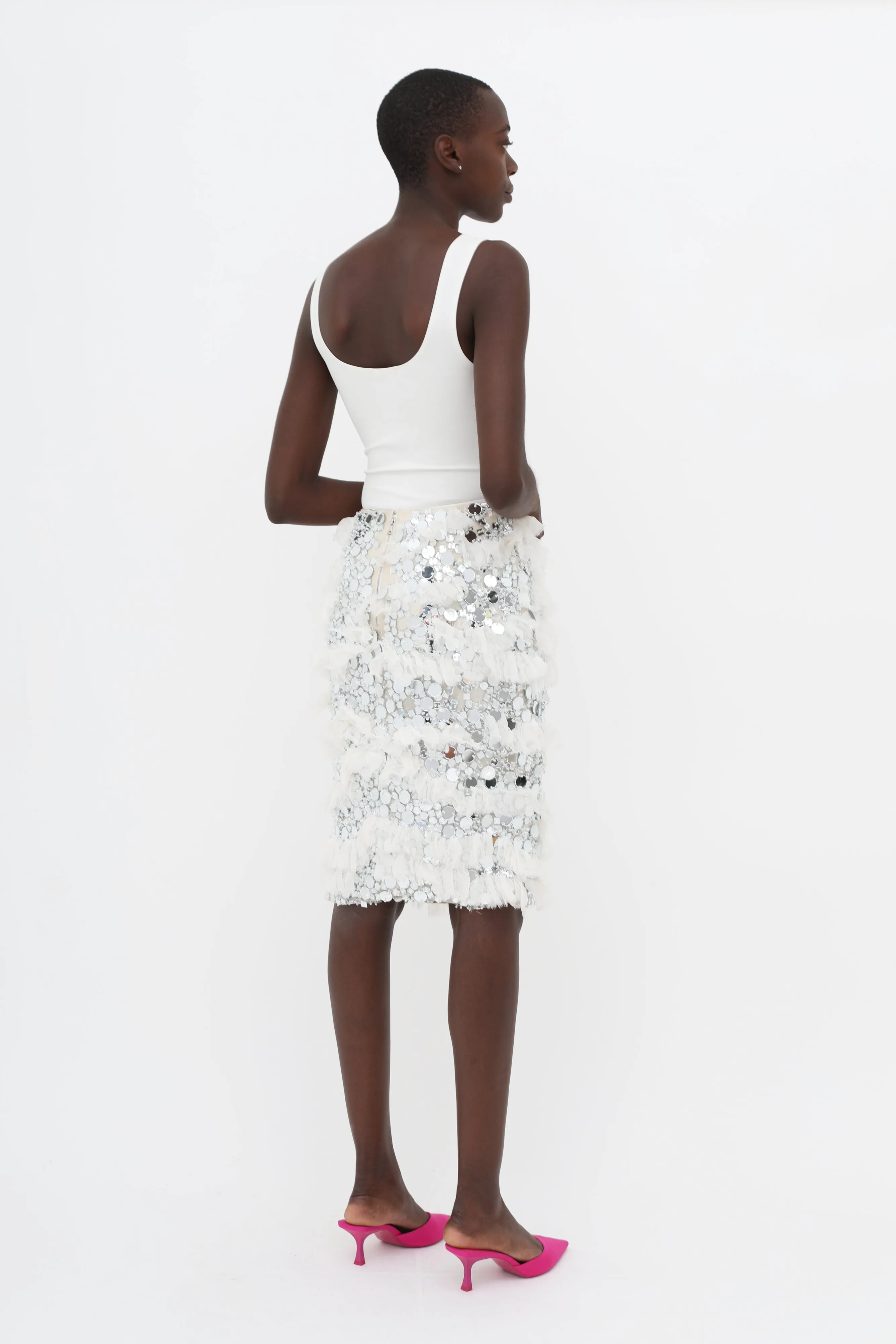 White & Silver-Tone SS14 Embellished Ruffle Skirt