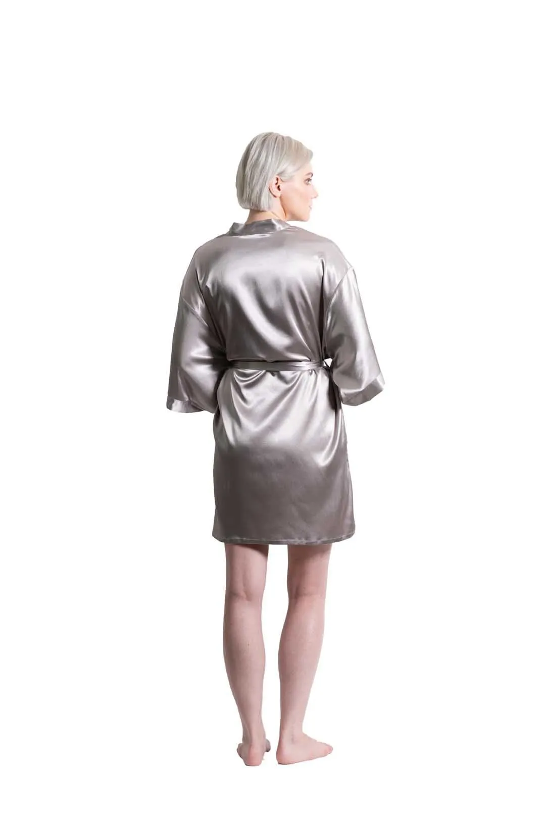 Woman’s Classic Satin Kimono Short Robe, Luxury & Lightweight, Comfortable Robe, (Grey)