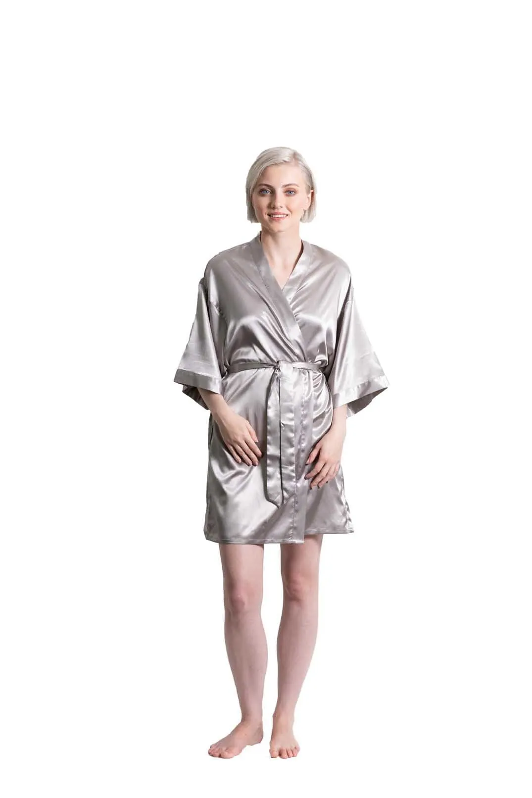 Woman’s Classic Satin Kimono Short Robe, Luxury & Lightweight, Comfortable Robe, (Grey)