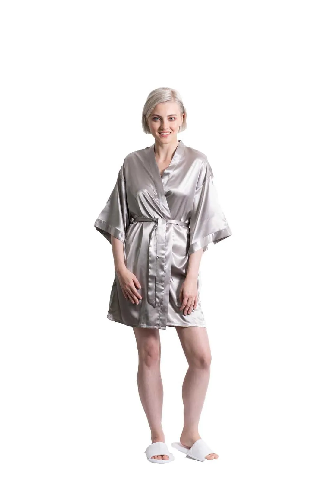 Woman’s Classic Satin Kimono Short Robe, Luxury & Lightweight, Comfortable Robe, (Grey)