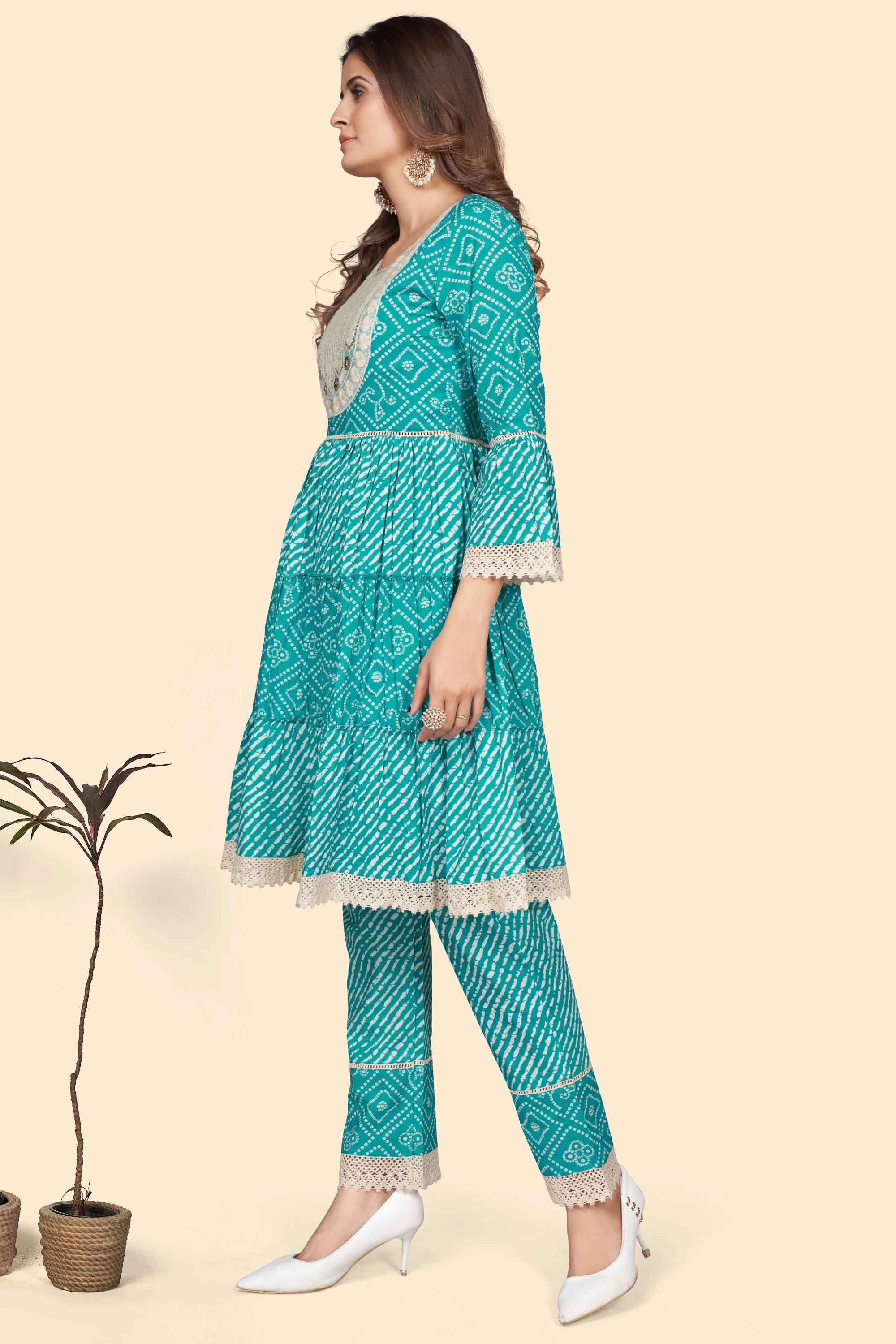 Women'S Bandhani Print & Embroidered Flared Cotton Sky Blue Stitched Top With Pant