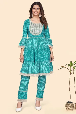 Women'S Bandhani Print & Embroidered Flared Cotton Sky Blue Stitched Top With Pant