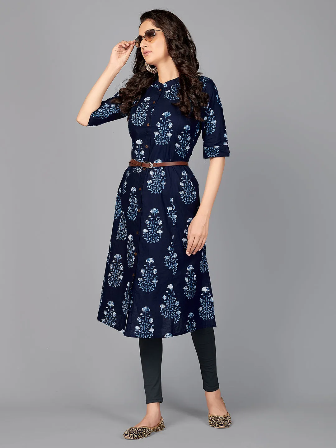 Women'S Block Print A-Line Cotton Indigo Stitched Kurta With Multiple Slit