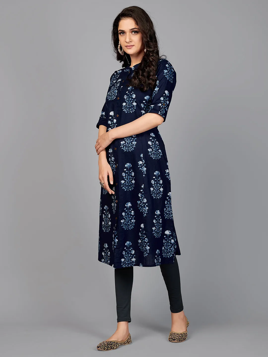 Women'S Block Print A-Line Cotton Indigo Stitched Kurta With Multiple Slit