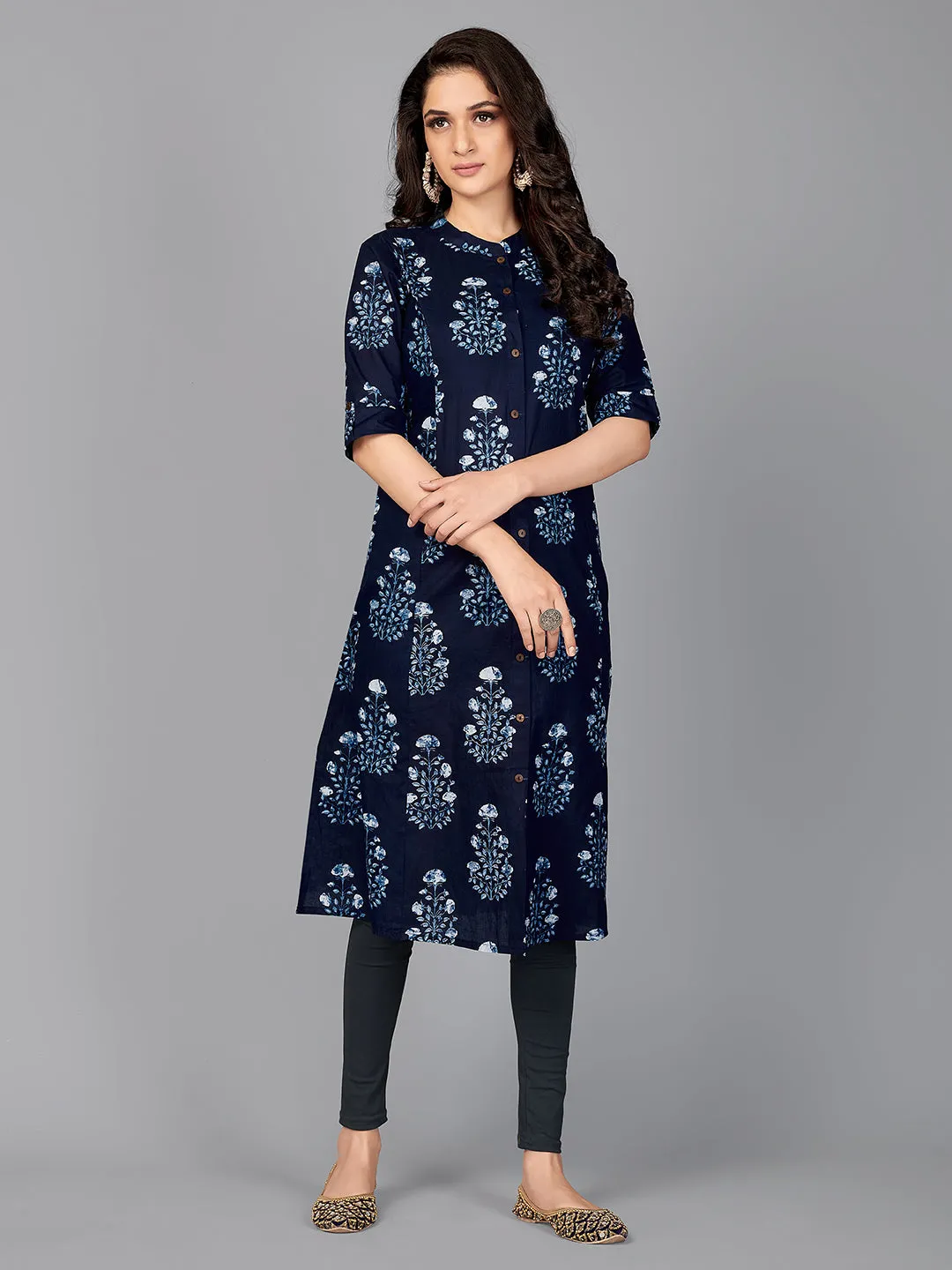 Women'S Block Print A-Line Cotton Indigo Stitched Kurta With Multiple Slit