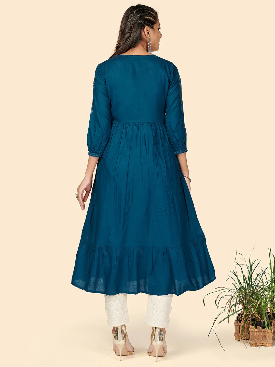 Women'S Embroidered Anarkali Rayon Dark Aqua Stitched Kurta