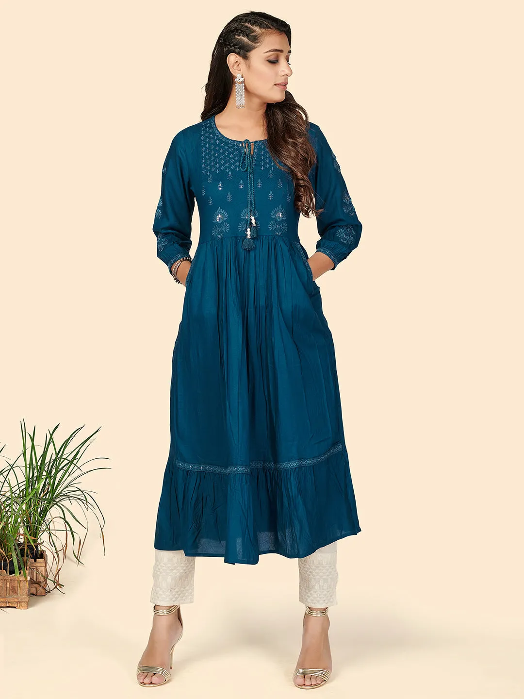 Women'S Embroidered Anarkali Rayon Dark Aqua Stitched Kurta