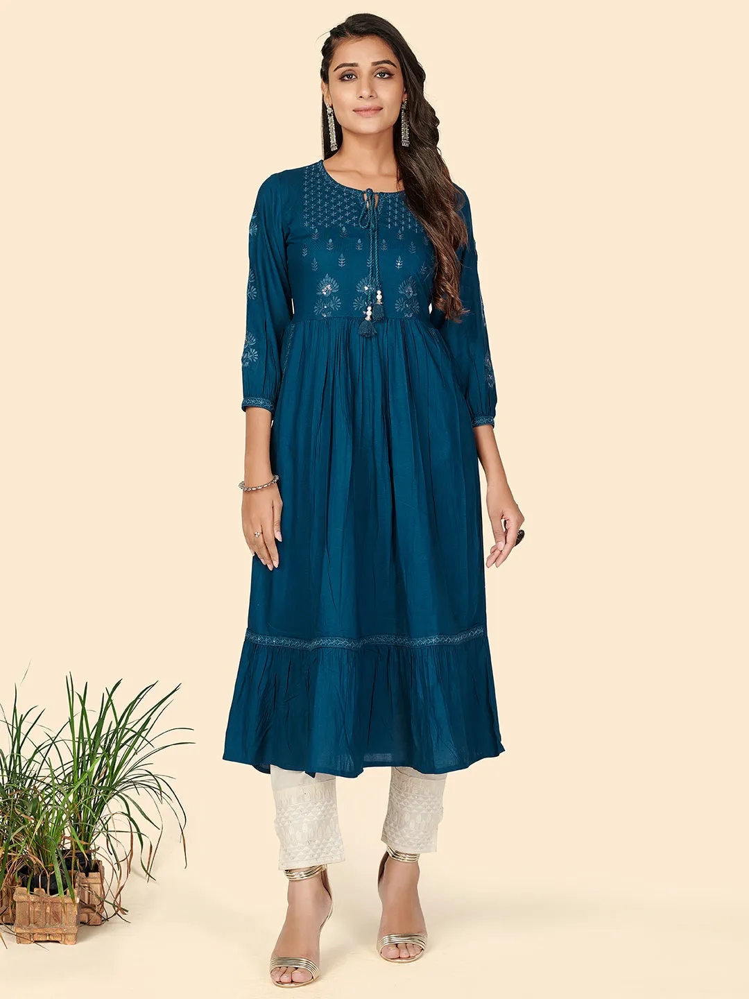 Women'S Embroidered Anarkali Rayon Dark Aqua Stitched Kurta