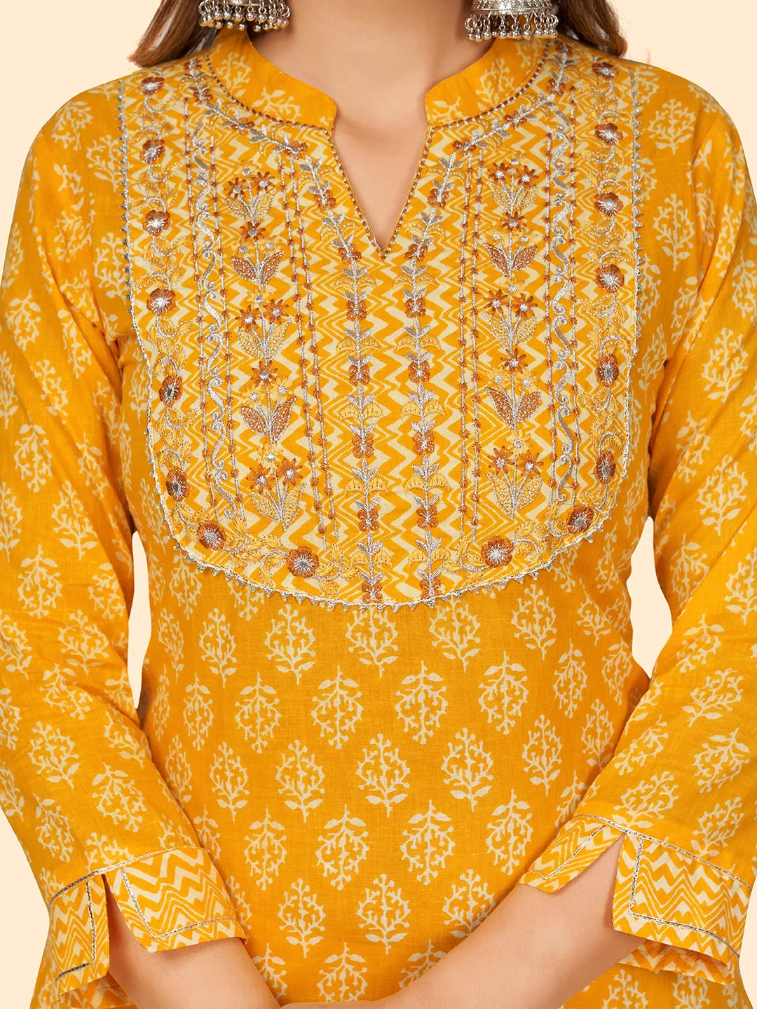 Women'S Embroidered Straight Cotton Yellow Stitched Kurta Pant With Dupatta