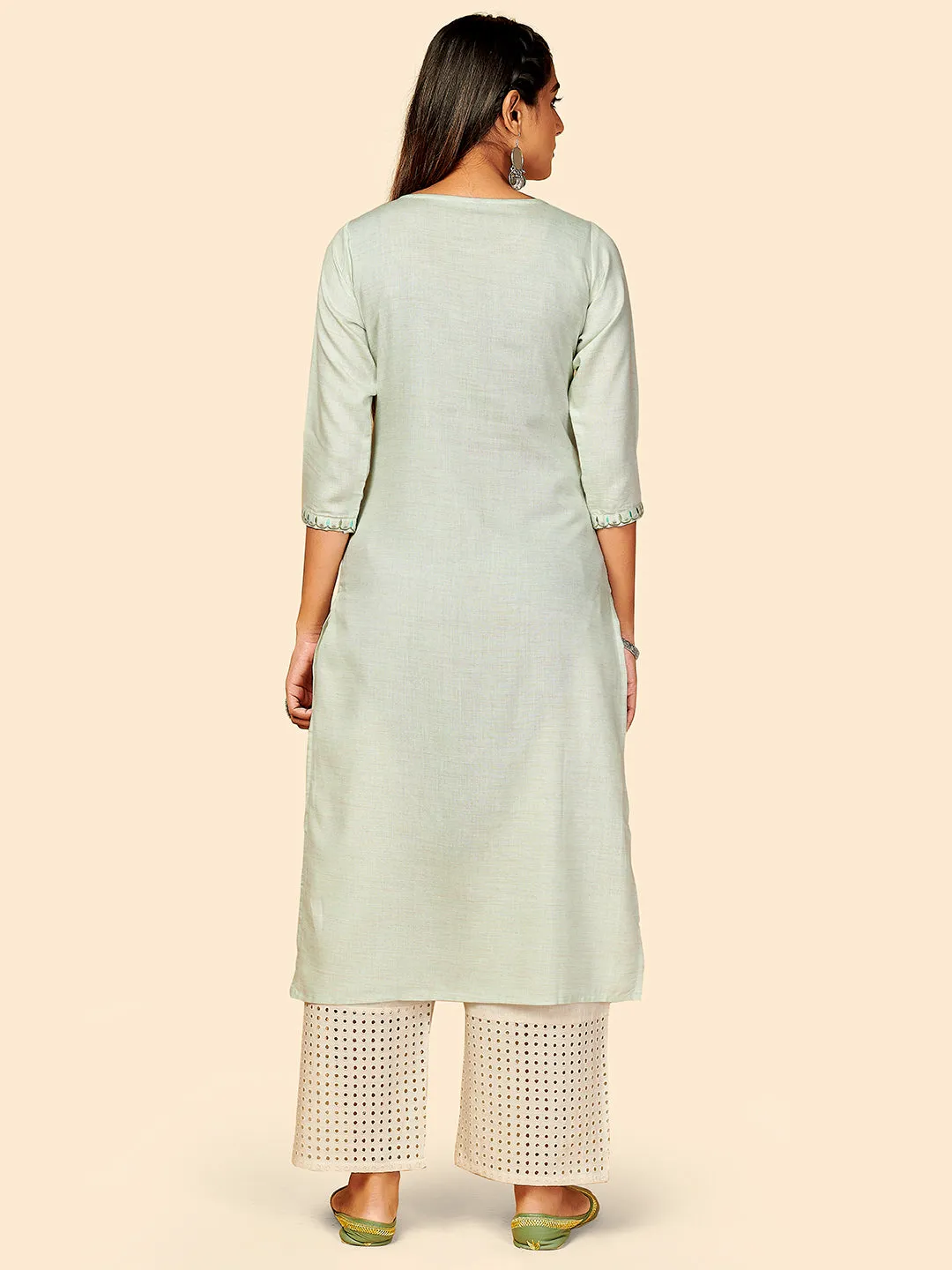 Women'S Embroidered Straight Rayon Light Grey Stitched Kurta