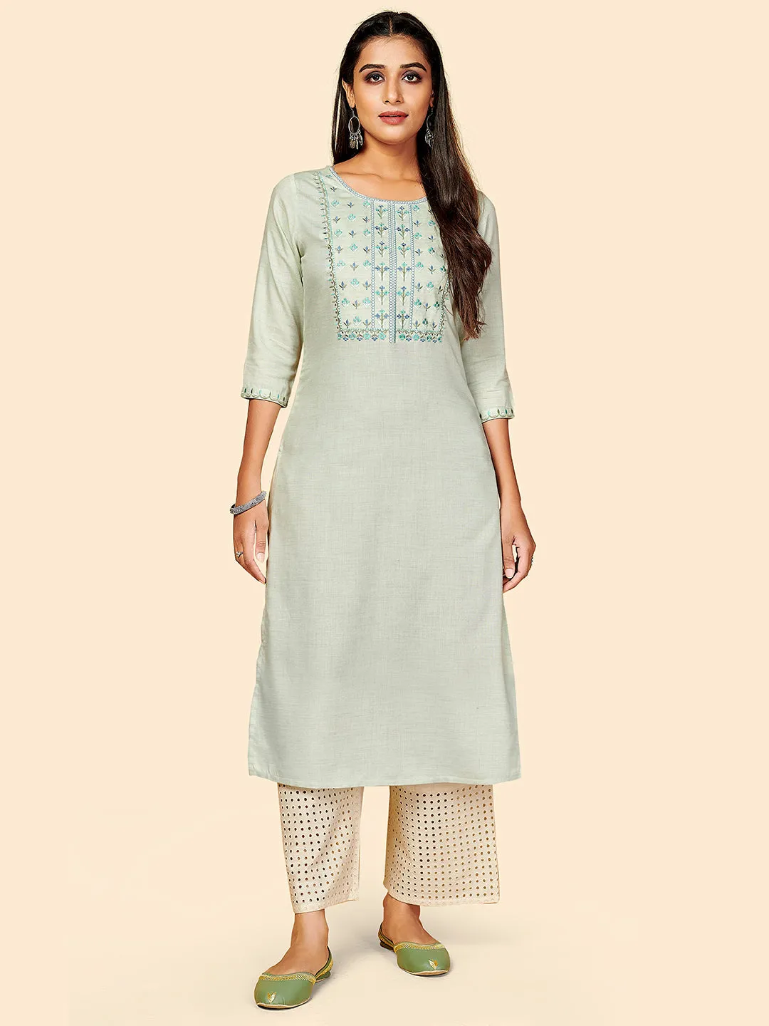 Women'S Embroidered Straight Rayon Light Grey Stitched Kurta