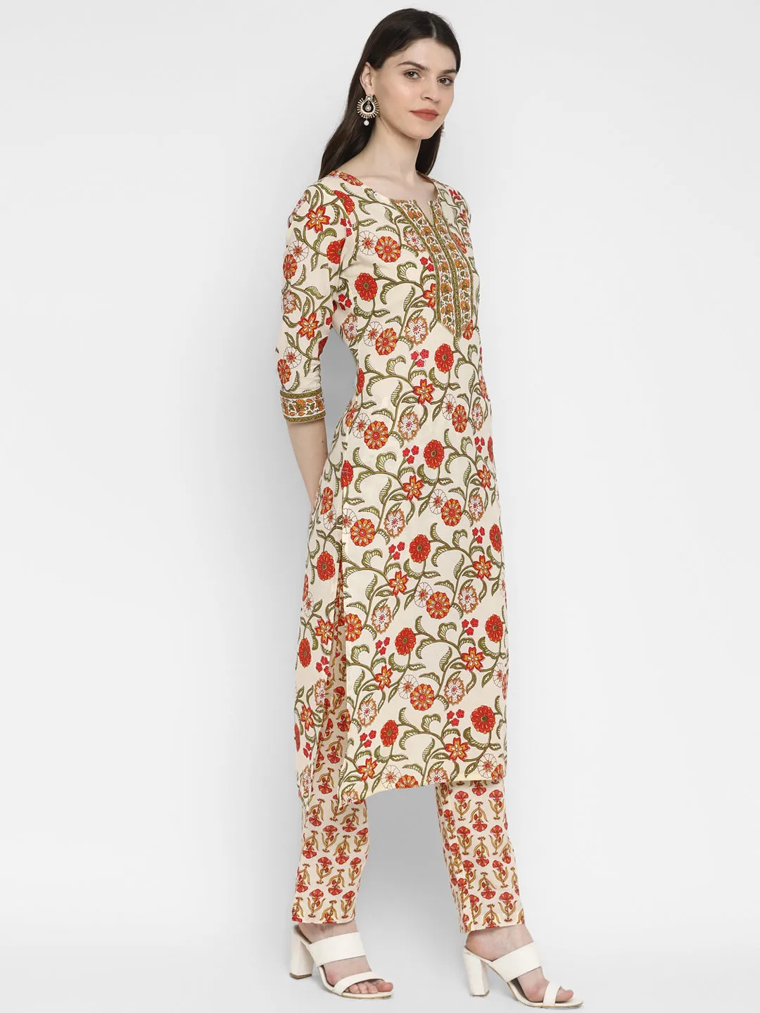 Women'S Floral Print & Sequence Straight Cotton Red Kurta Pant With Dupatta