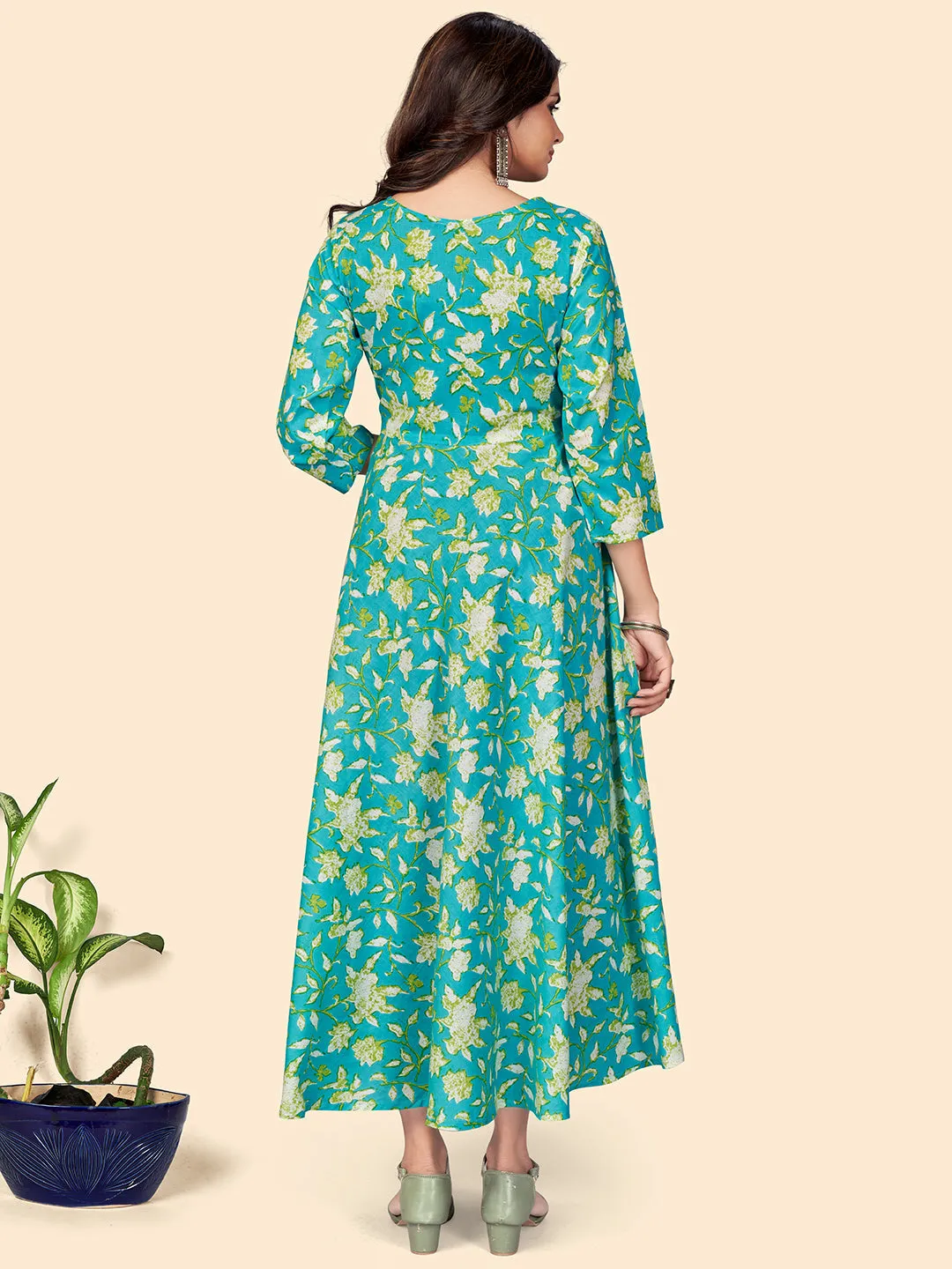 Women'S Floral Print Anarkali Cotton Turquoise Stitched Kurta